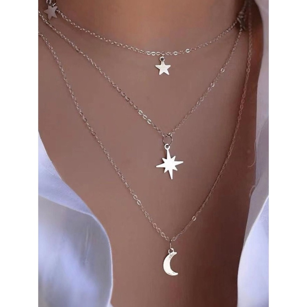 New Boho Triple Layer Star Moon Pendant Necklace